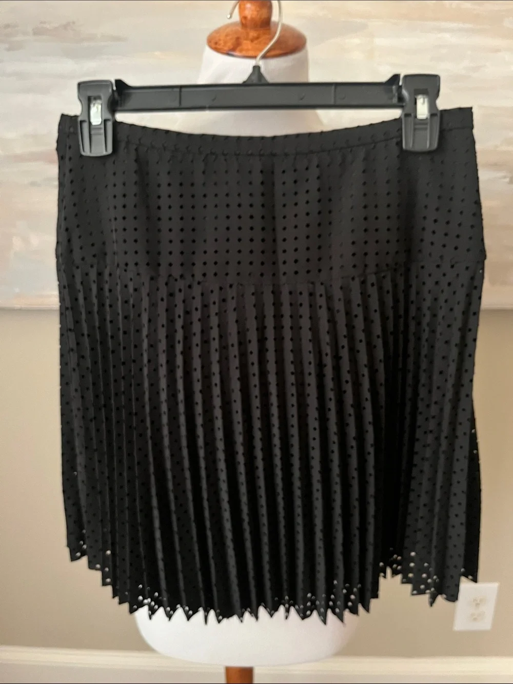 J. Crew black laser cut pleated A-line skirt.